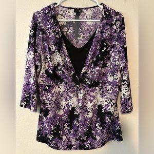 East5th Purple Floral Surplice Twist Top XL Blouse Shirt V-Neck Light